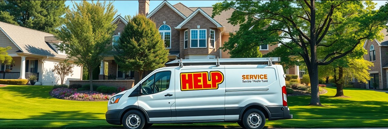Drain cleaning experts van parked in front of an upscale suburban home.