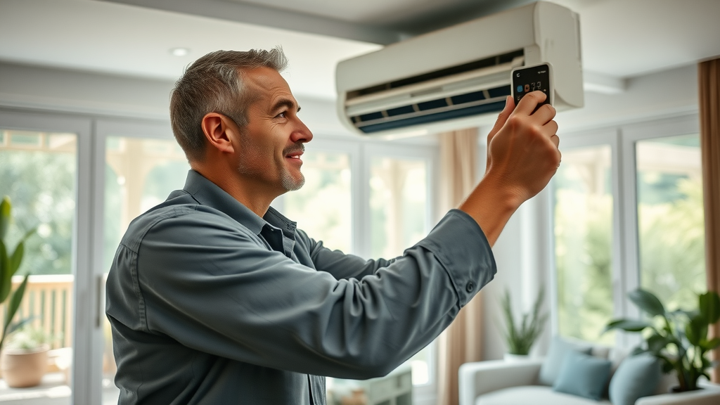HVAC professional installing air conditioner in a modern living room for fast, reliable service