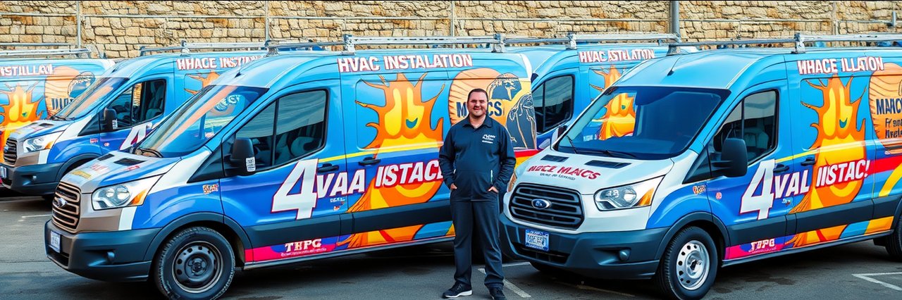 Fleet of hvac installation services vans and technician in parking lot