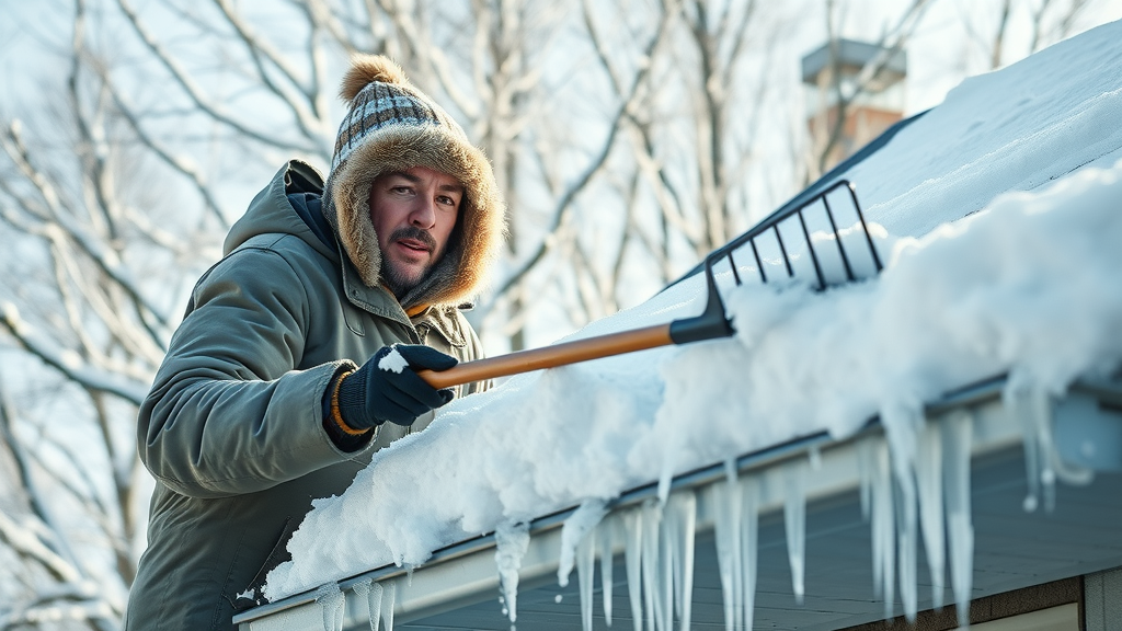 Homeowner removing heavy snow from roof edge with rake; winter roof maintenance, ice dam prevention