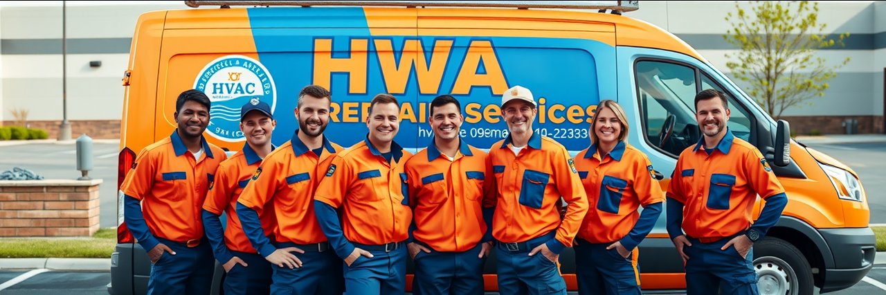 Team of HVAC repair services technicians in orange uniforms standing by branded van