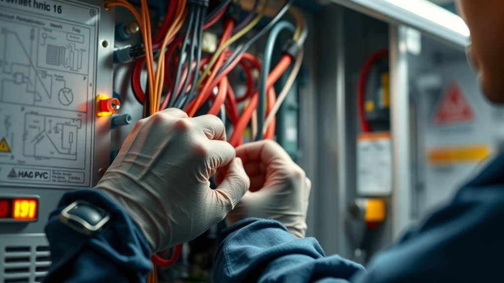 Technician carefully diagnosing emergency HVAC repair issue