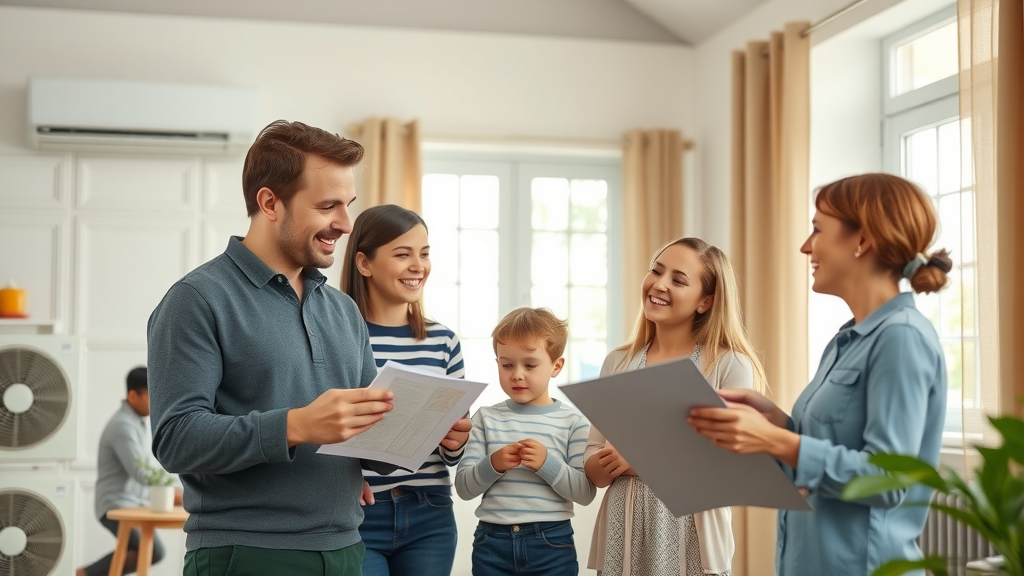 Cincinnati HVAC services technician helping happy family in modern home.