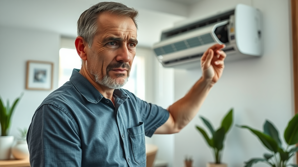 Worried man examines broken AC unit at home, air conditioning repair in action