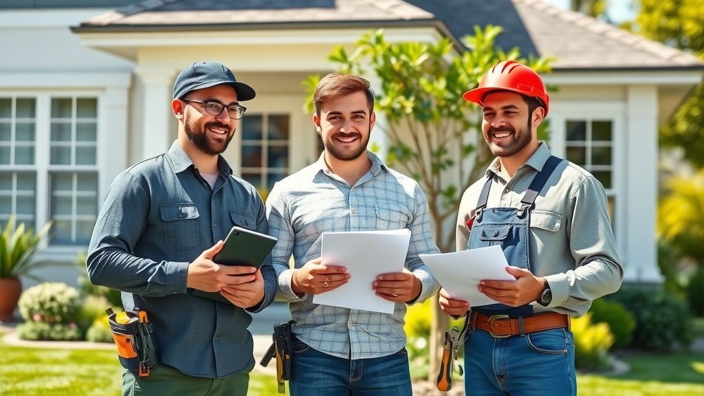 Diverse home maintenance experts plan proactive home care outdoors