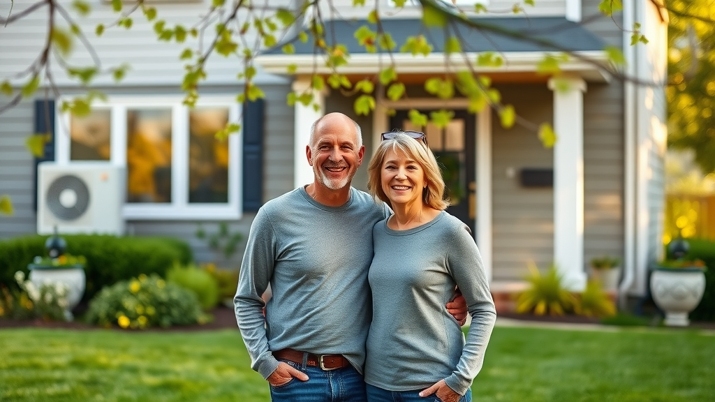 Smiling homeowners outside Cincinnati home with well-maintained HVAC unit