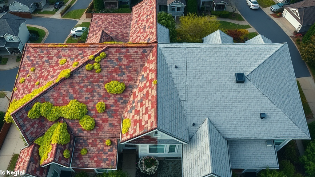 Split-view roof comparison: damaged side with moss, algae, missing shingles; healthy side after maintenance; roof damage, roof replacement, moss and algae