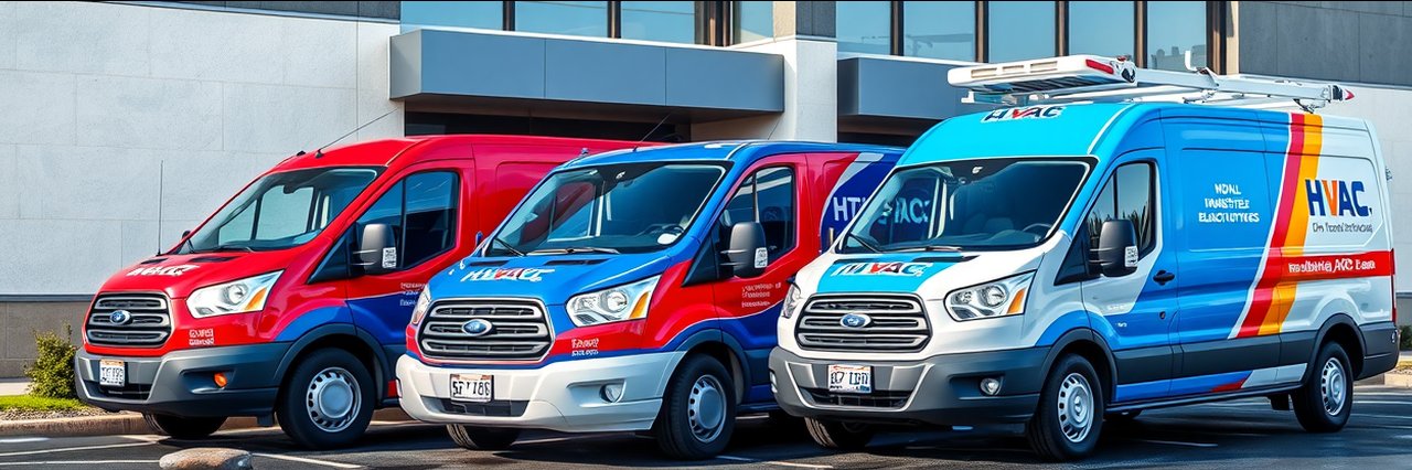 HVAC vans promoting indoor air quality services outside a commercial building