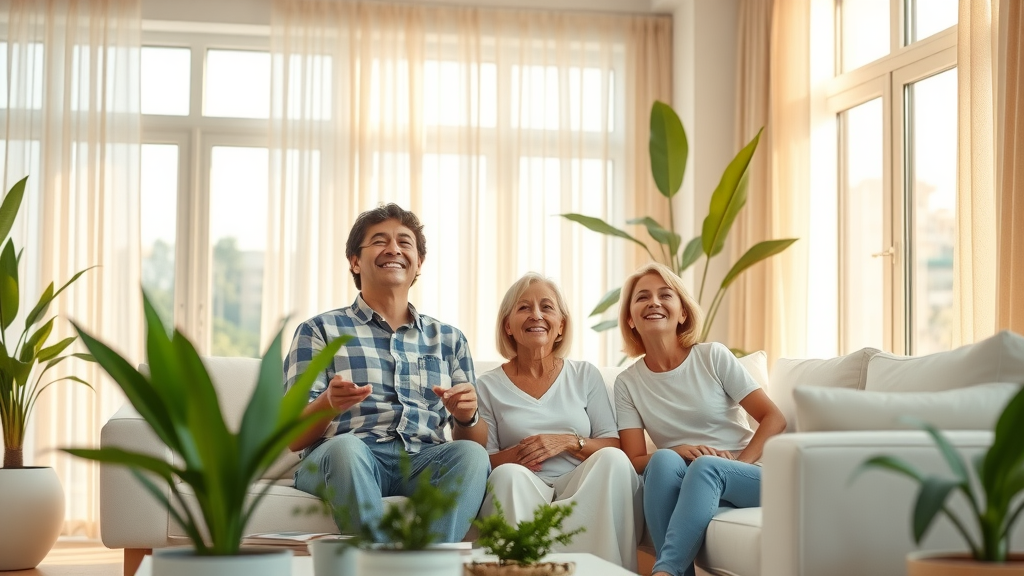 Modern family enjoying fresh indoor air quality in sunlit living room