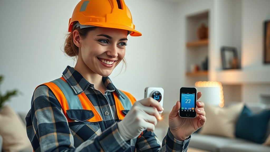 Home maintenance expert checks smart system for optimal home safety