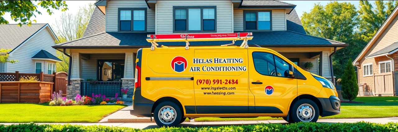 Air conditioning repair van parked in front of a suburban house, bright sunny day.