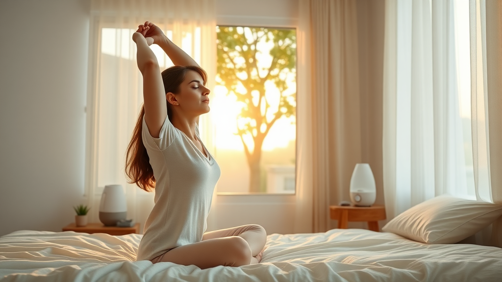 Woman enjoying fresh indoor air quality in a bright, healthy bedroom.