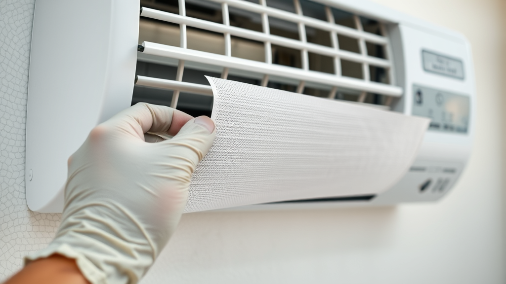 Gloved hands check clean AC filter, air conditioning repair maintenance
