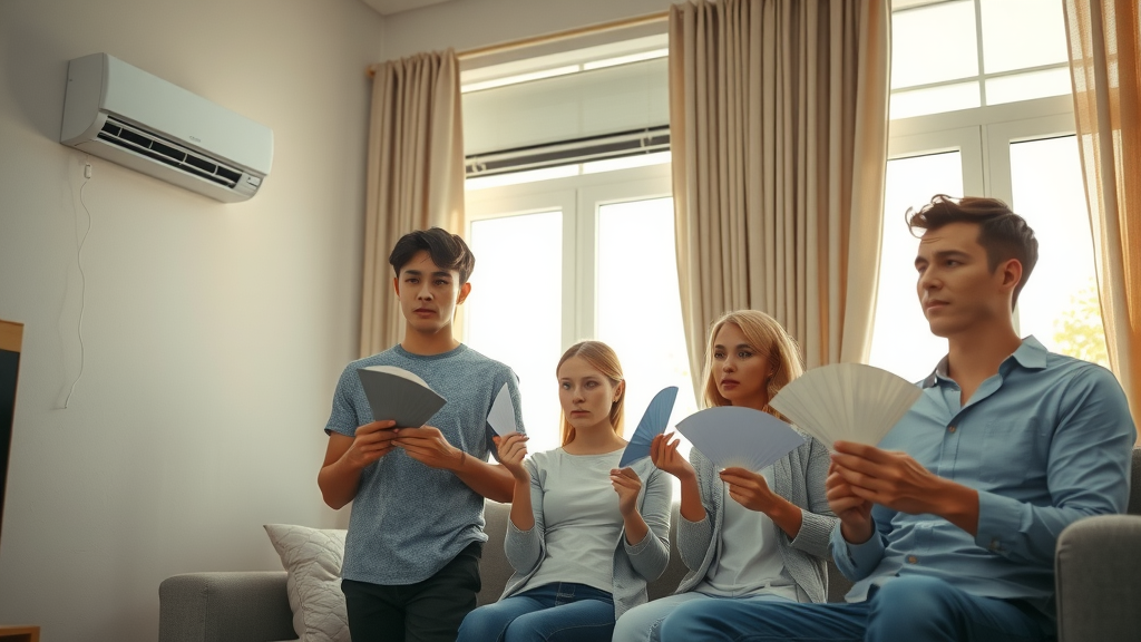 Worried family in living room experiencing emergency HVAC repair stress