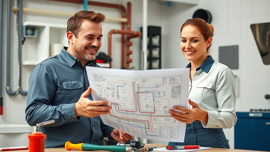 Team of drain cleaning experts reviewing a plumbing system plan