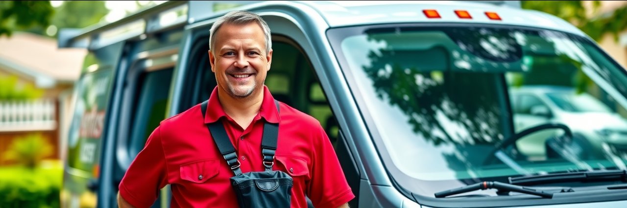Home maintenance experts technician stands smiling by a service van in a suburban neighborhood.