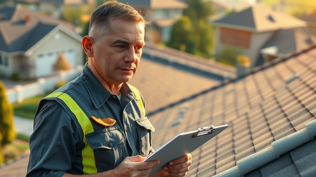 Meticulous roof inspector examining asphalt shingle roof; roof inspection with roofing materials, maintenance tip