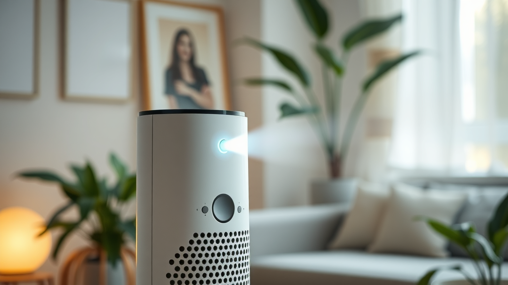 High-tech air purifier improving home indoor air quality with plants nearby