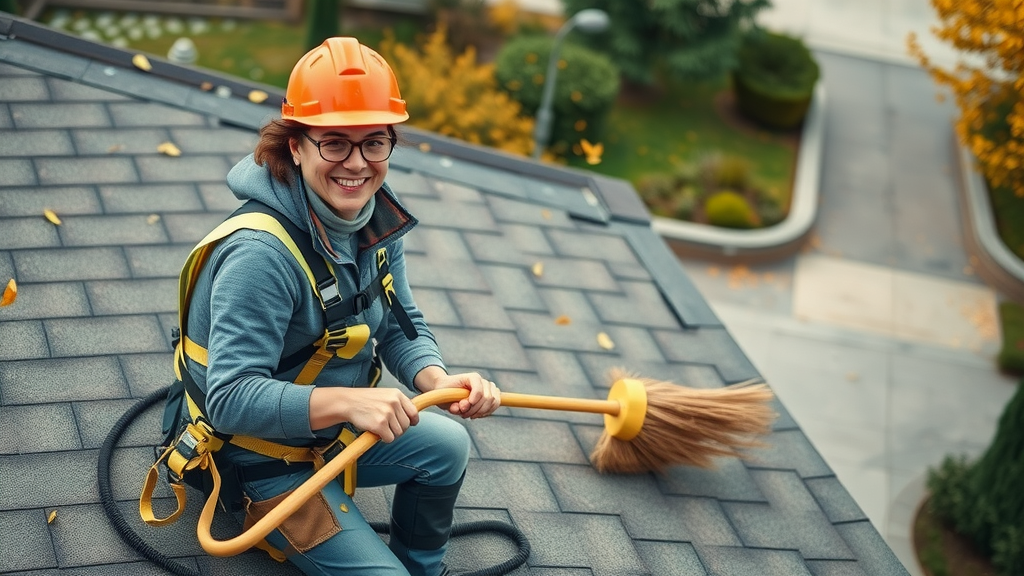 Homeowner using safety gear to sweep leaves off a clean rooftop; roof maintenance cleaning, debris removal, maintenance tip