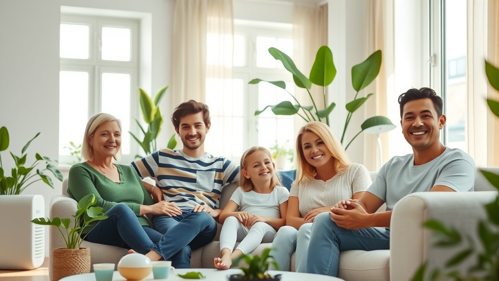 Modern living room with family enjoying clean air and high indoor air quality.
