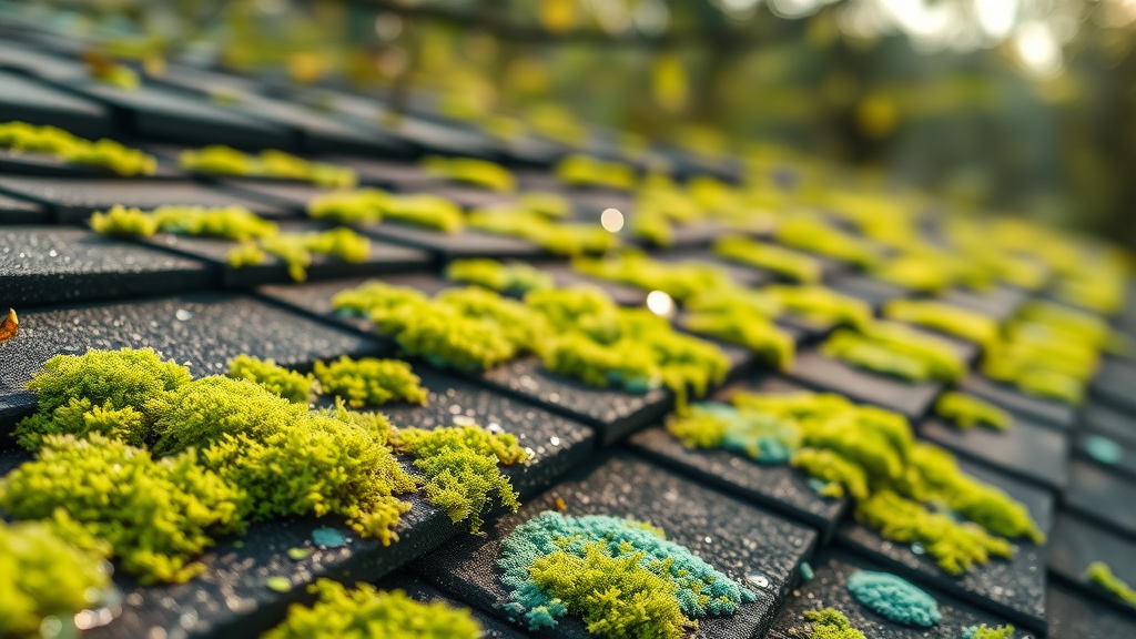 Close-up of moss and blue-green algae on dark rooftop shingles; roof maintenance, moss and algae, algae growth