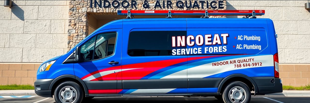 Service van advertising indoor air quality parked under covered entrance