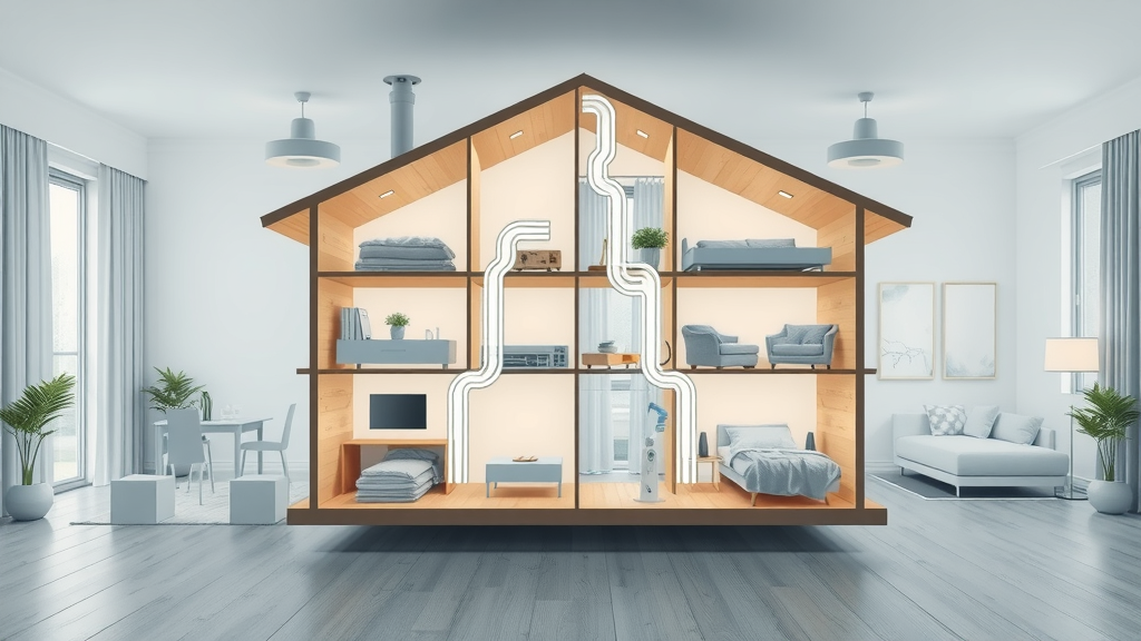 Illustrated cutaway of a home highlighting improved indoor air quality systems.