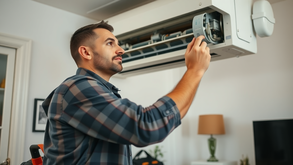Technician repairing home air conditioner, air conditioning repair service