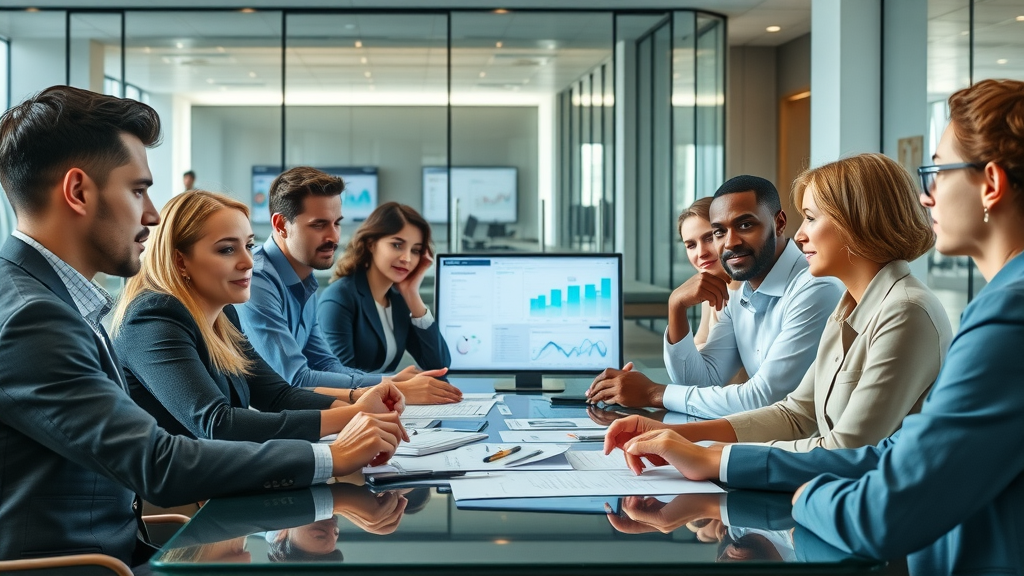 Diverse team of professionals discussing analytics for how to get more reviews in a modern office