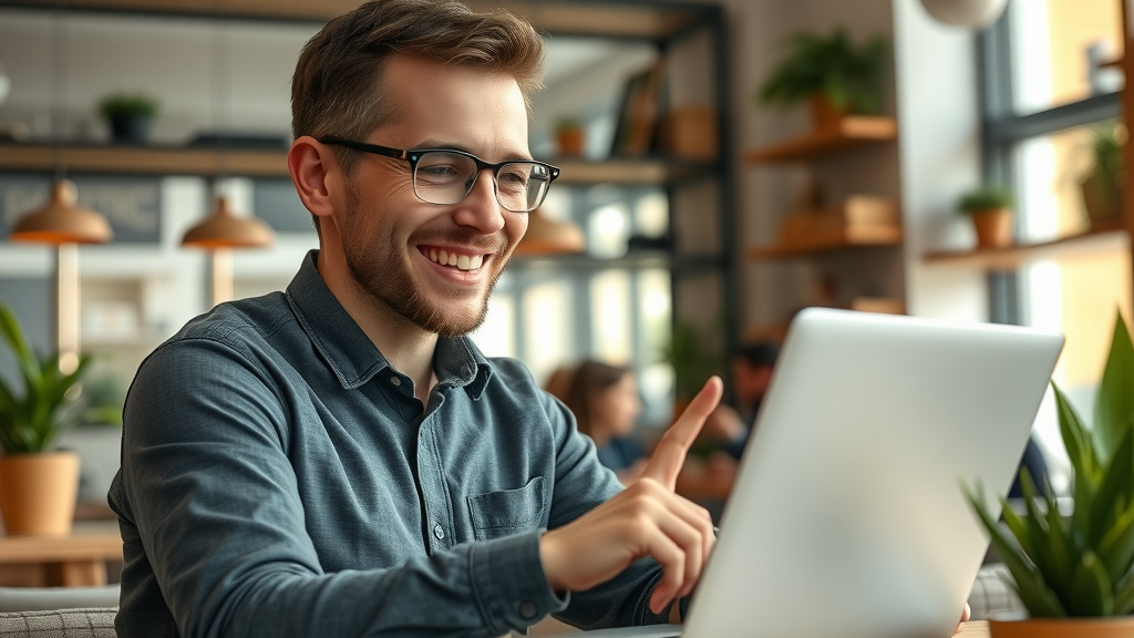 Happy small business owner reviewing positive Google reviews on a laptop