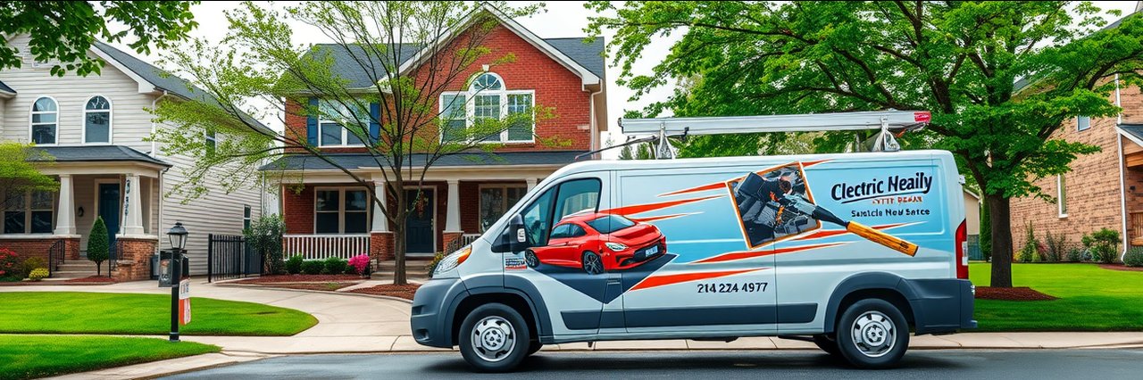 Residential electric repair van parked in suburban neighborhood with houses and green lawns.