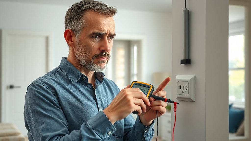 Homeowner inspecting outlet for residential electric repair with multimeter.