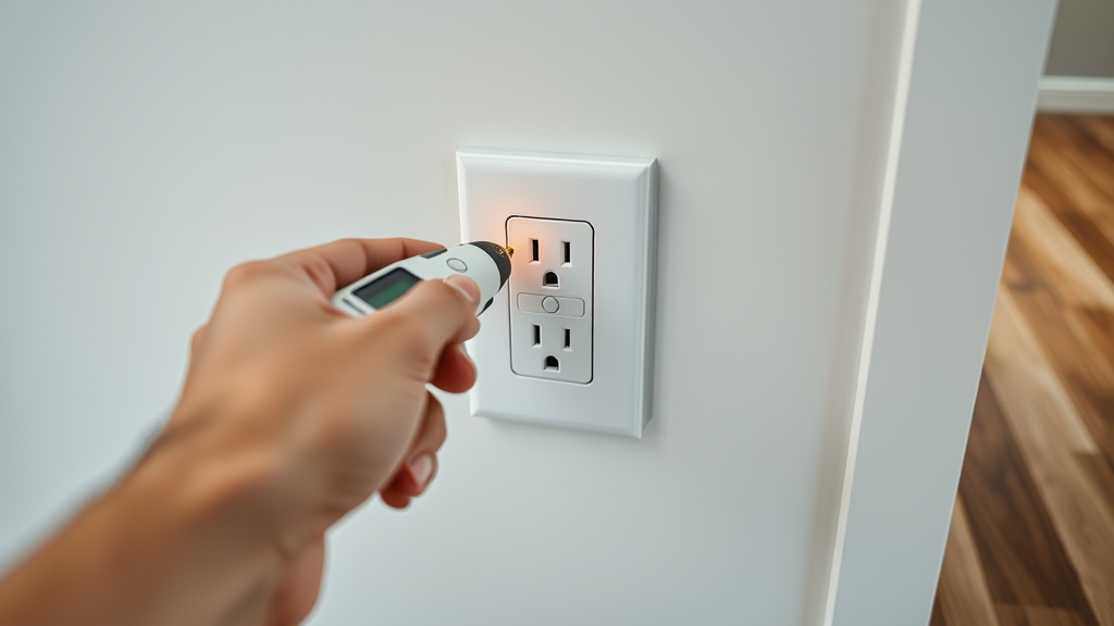 Testing modern wall outlet during residential electric repair diagnostics.