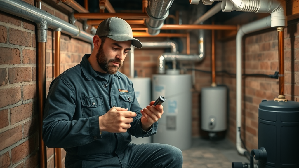Professional inspecting pipes and water heater for plumbing maintenance Cincinnati