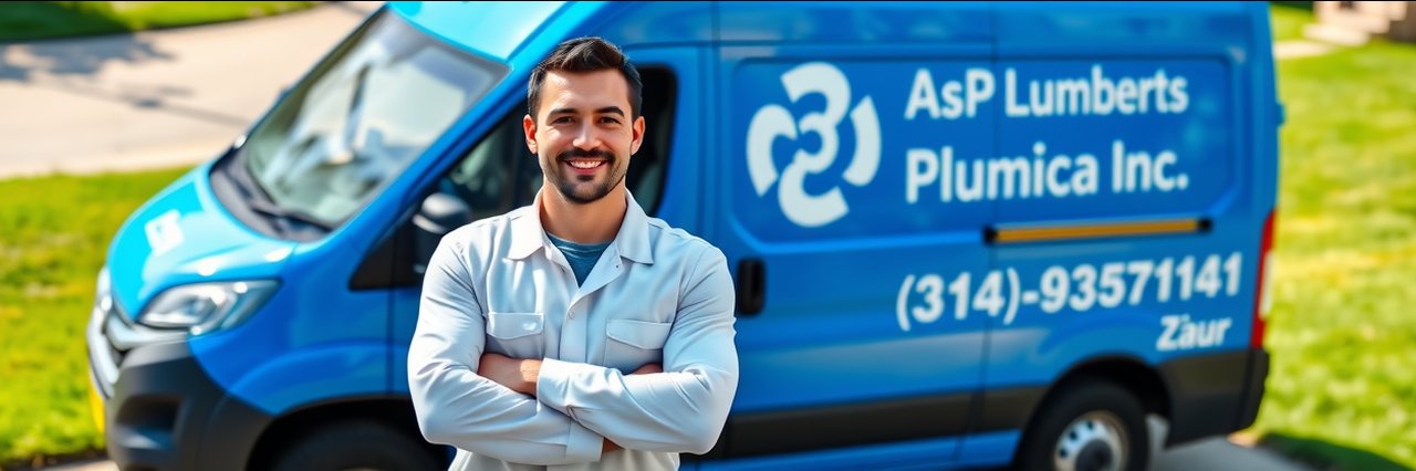 Friendly plumber ready for emergency plumbing services by blue service van.