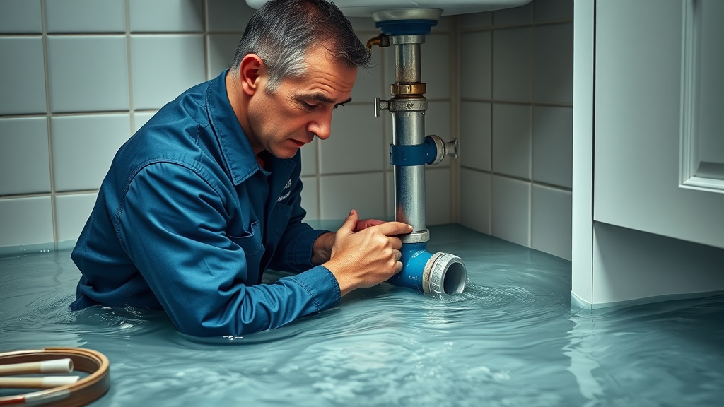 Emergency plumbing services expert stops burst pipe leak in home kitchen