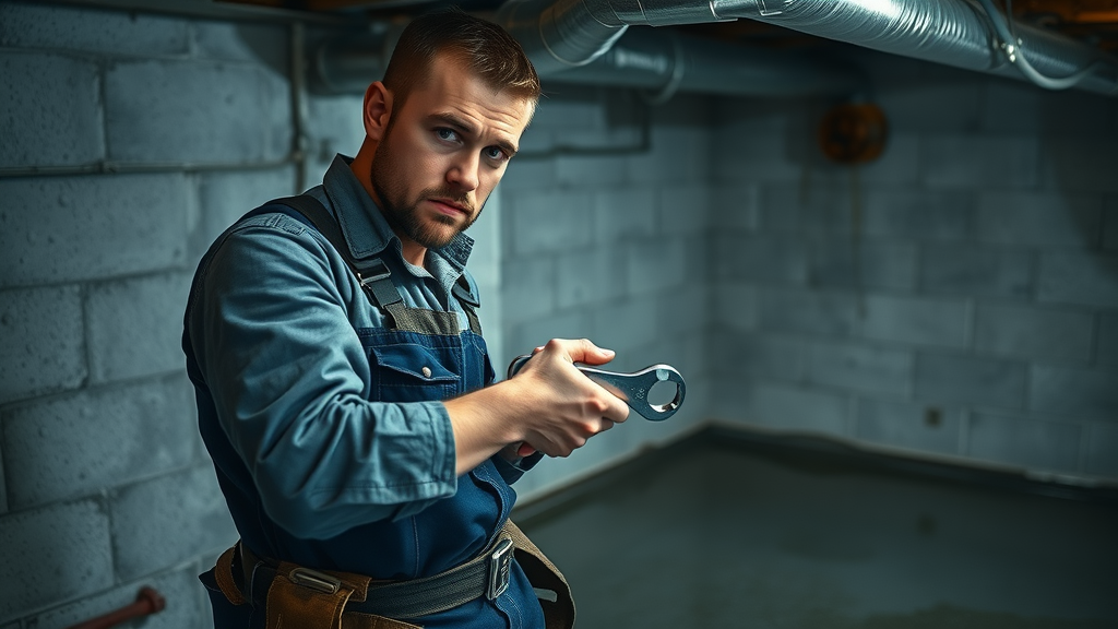 Plumber providing emergency plumbing services to fix leaking basement pipe