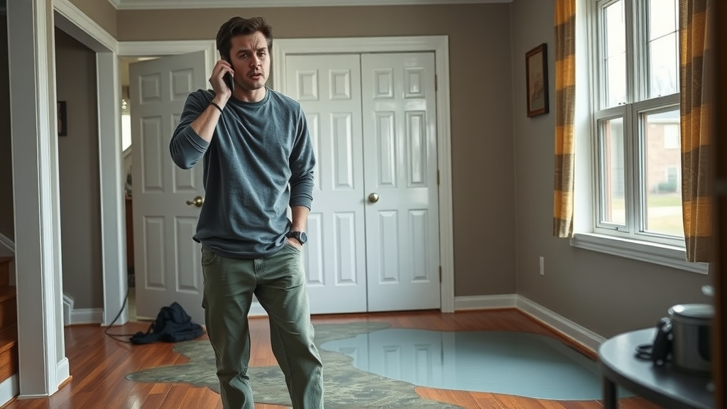 Homeowner calls for emergency plumbing services amid household water leak