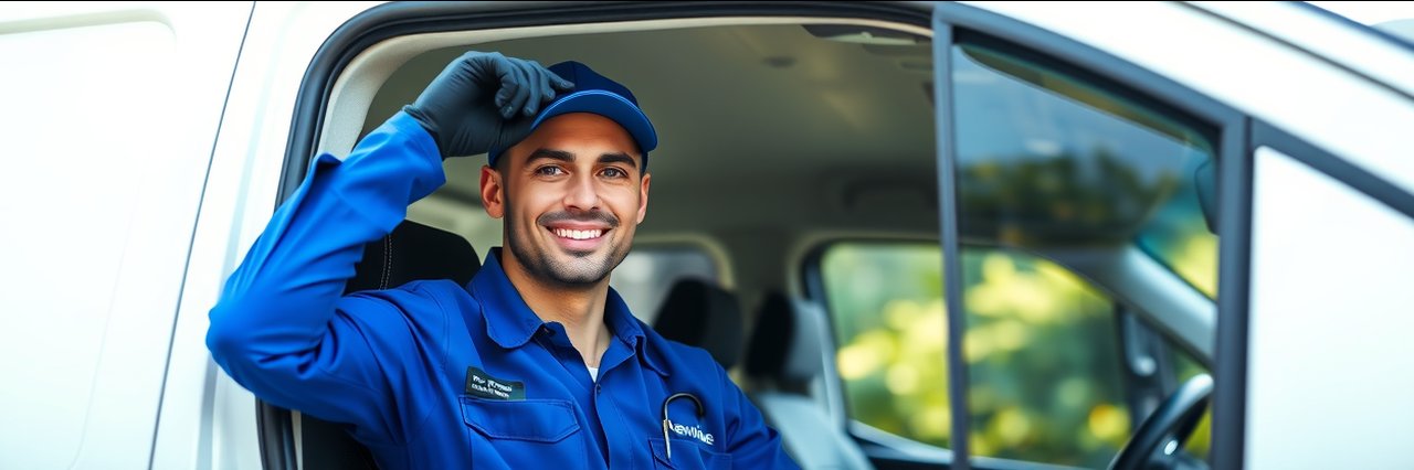 Smiling plumber in uniform driving van for commercial plumbing solutions