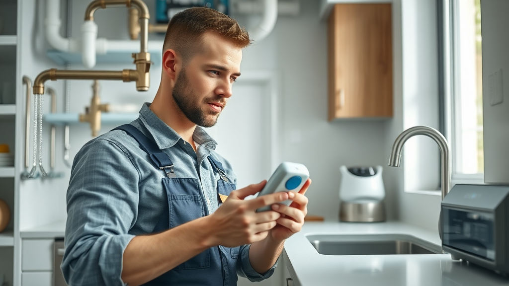 Plumber using detection tool under kitchen sink for water leak mitigation