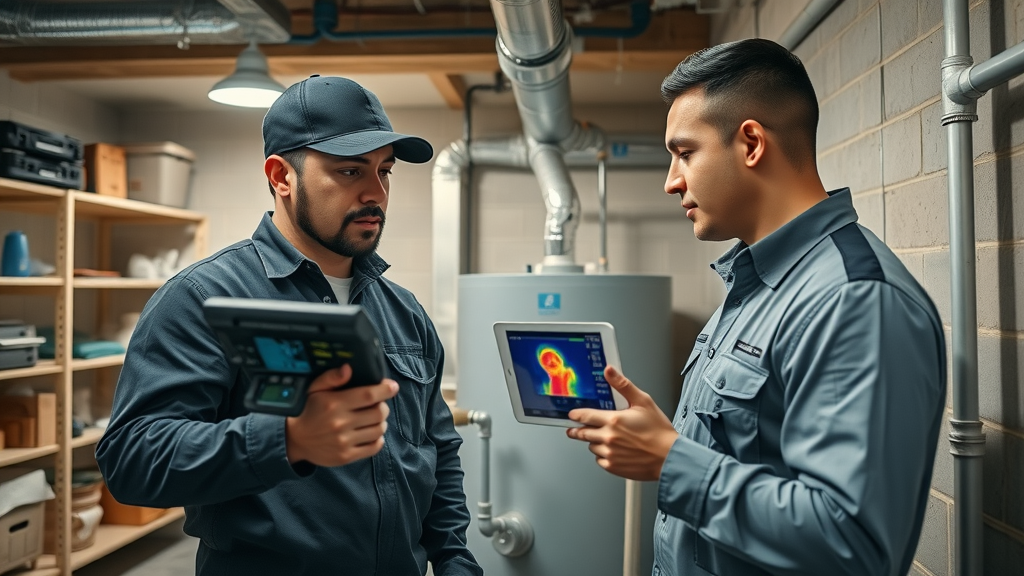Plumbers use tech for water leak mitigation in basement inspection