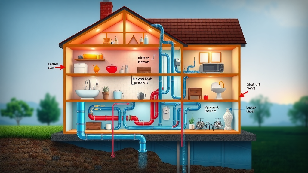 Stylized home plumbing cross-section showing water leak mitigation points