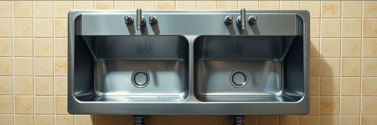 Industrial utility sink in tiled room, relevant for tankless water heaters context.