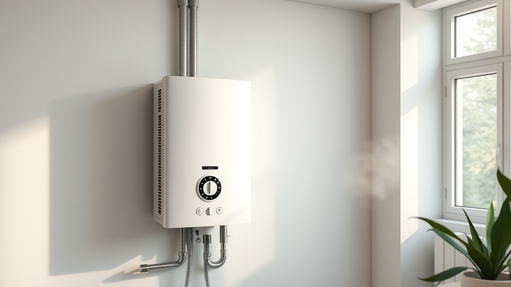 Modern tankless water heater in a sleek home utility room, energy efficient.