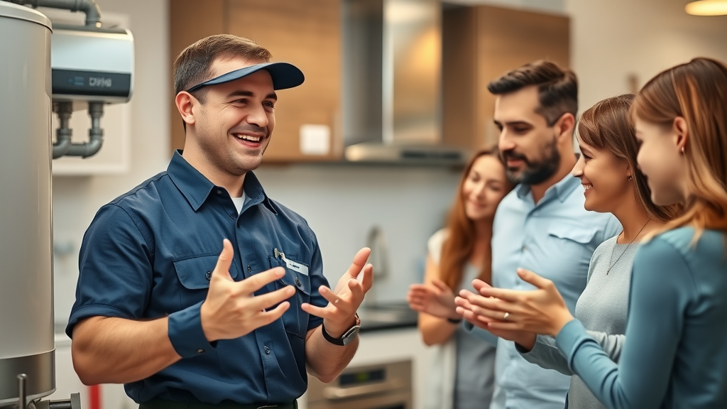 Expert plumber demonstrates tankless water heaters to family in modern kitchen.