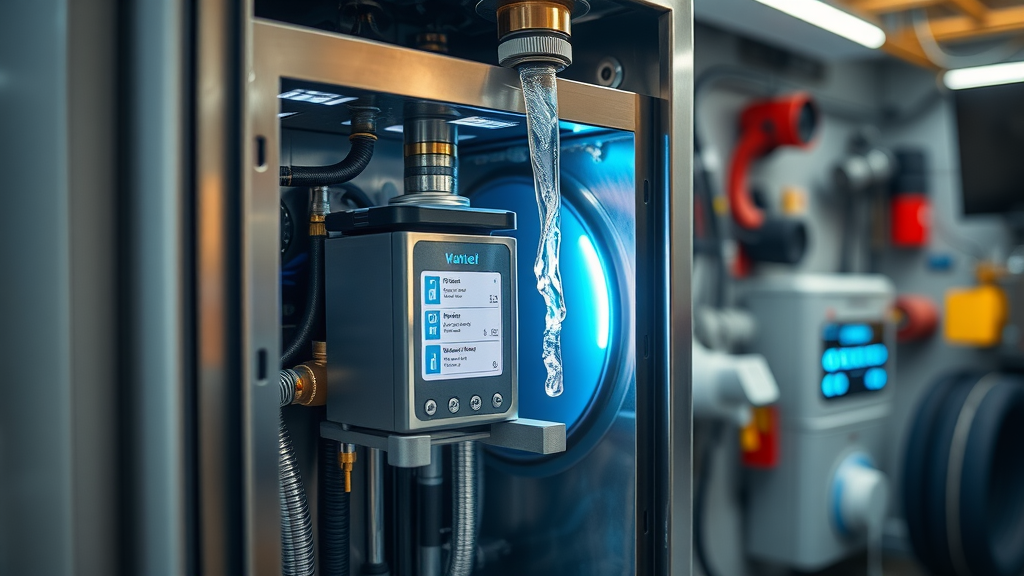 Highly detailed tankless water heater internals in efficient utility space.