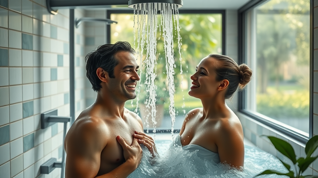 Couple enjoys endless hot water from tankless water heater in modern bathroom.