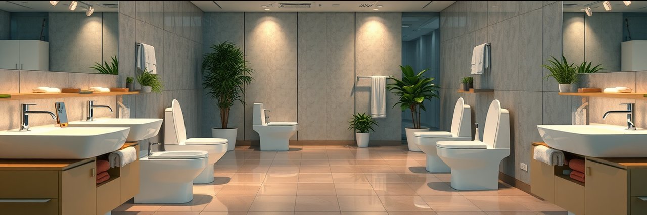 Well-lit bathroom showroom with toilets and sinks for home remodeling plumbing.