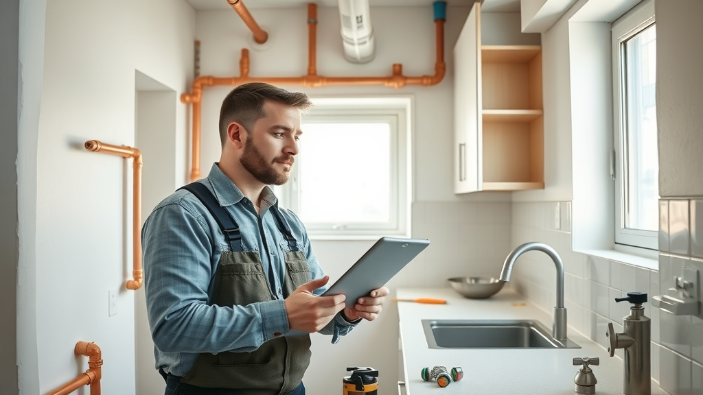 Home remodeling plumbing expert inspects new pipes in renovated kitchen