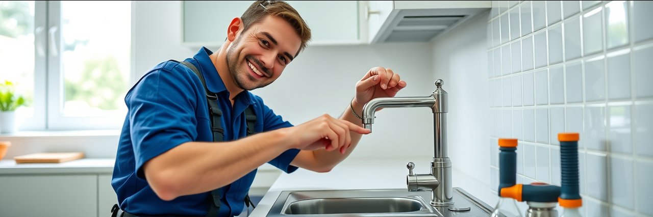 Professional plumber providing home plumbing services in modern kitchen